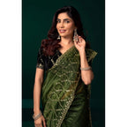 Generic Women's Net Sequence Saree With Unstitched Blouse 5.5Mtr (Light Green)