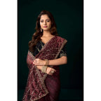 Generic Women's Net Sequence Saree With Unstitched Blouse 5.5Mtr (Maroon)