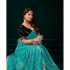 Generic Women's Net Sequence Saree With Unstitched Blouse 5.5Mtr (Turquoise)