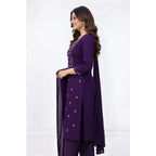 Generic Women's Georgette Ethnic Motif Round 3/4th Sleeve Kurti With Pant Dupatta Set (Purple)