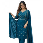 Generic Women's Georgette Ethnic Motif Round 3/4th Sleeve Kurti With Pant Dupatta Set (Teal)