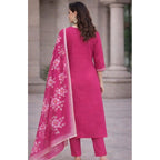 Generic Women's Chanderi Silk Ethnic Motif V-Neck 3/4th Sleeve Kurti With Pant Dupatta Set (Pink)