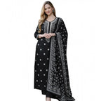 Generic Women's Chanderi Silk Ethnic Motif Round 3/4th Sleeve Kurti With Pant Dupatta Set (Black)