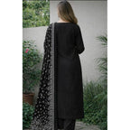 Generic Women's Chanderi Silk Ethnic Motif Round 3/4th Sleeve Kurti With Pant Dupatta Set (Black)