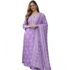 Generic Women's Chanderi Silk Ethnic Motif Round 3/4th Sleeve Kurti With Pant Dupatta Set (Lavender)