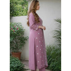 Generic Women's Chanderi Silk Ethnic Motif Round 3/4th Sleeve Kurti With Pant Dupatta Set (Peach)