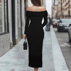 Womens Fashion Solid-Color Long-Sleeve Beaded Sheath Off-Shoulder Dress
