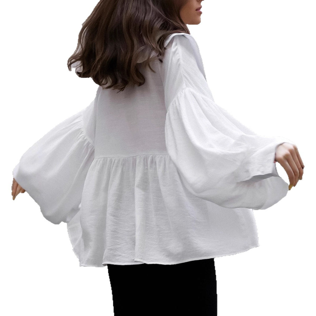 White Doll-collar Shirt With Lantern Sleeves