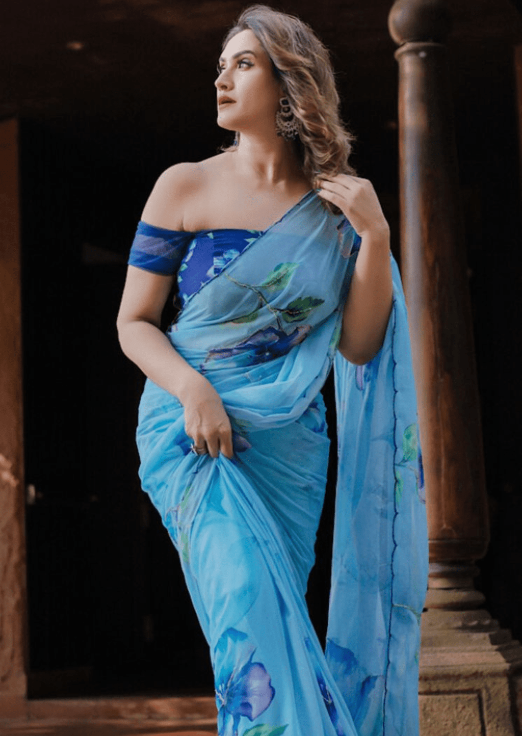 Azure Bloom Digital Print Georgette Saree-0
