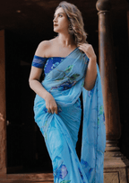 Azure Bloom Digital Print Georgette Saree-0