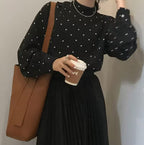 Black And White Polka-dot Turtleneck Relaxed-fit Puff-sleeve Base Shirt