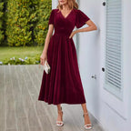 Knitted Short-Sleeve V-Neck Defined-Waist Maxi Dress For Women