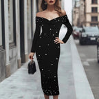 Womens Fashion Solid-Color Long-Sleeve Beaded Sheath Off-Shoulder Dress