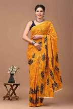 Basanti Baag Mustard Mulmul Cotton Saree with Leaf Block Prints-3