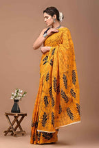 Basanti Baag Mustard Mulmul Cotton Saree with Leaf Block Prints-1