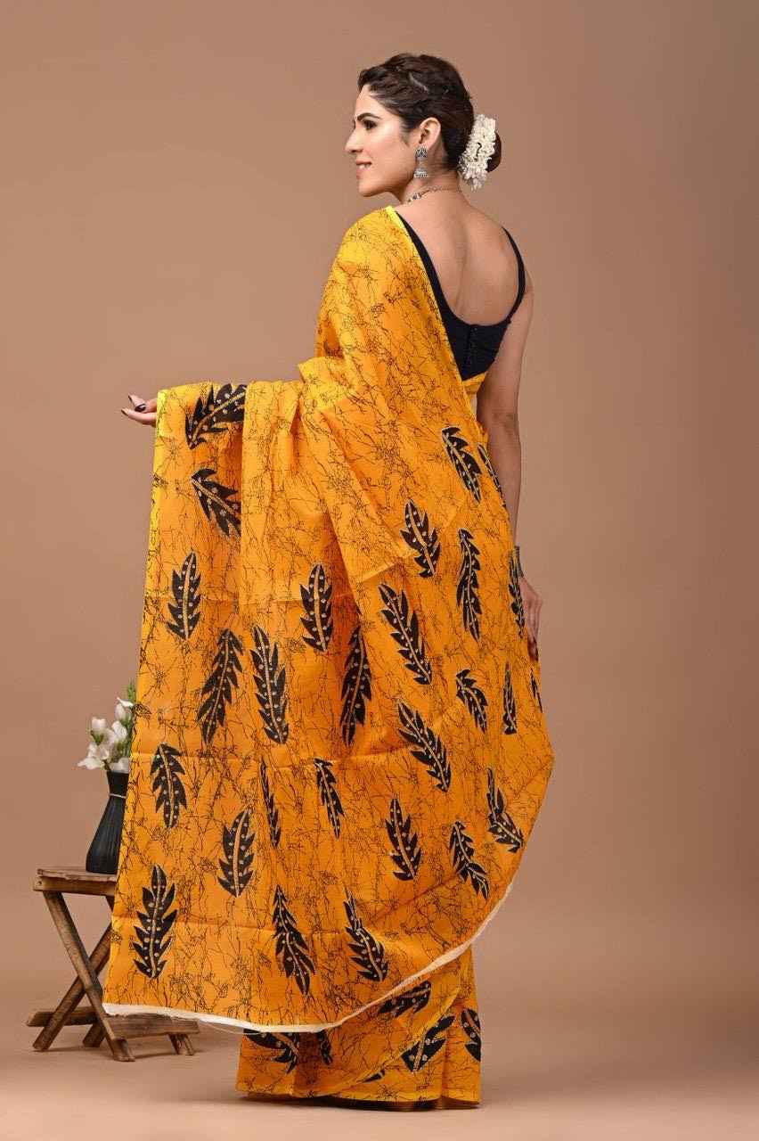 Basanti Baag Mustard Mulmul Cotton Saree with Leaf Block Prints-2