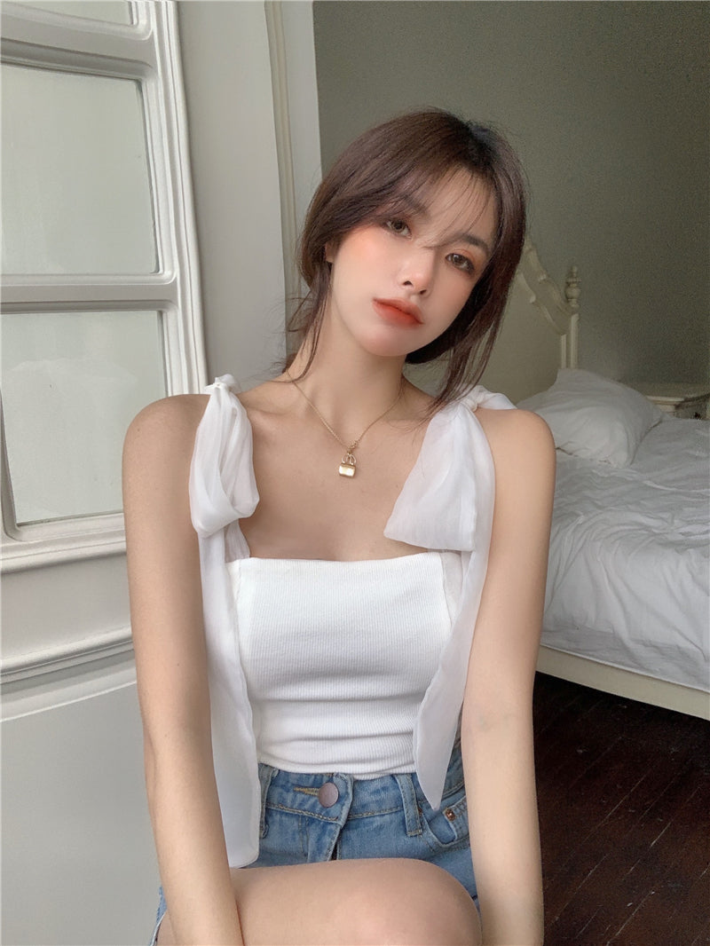 Chest Wrap Strap Bow Knit Tank Top