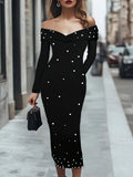 Womens Fashion Solid-Color Long-Sleeve Beaded Sheath Off-Shoulder Dress