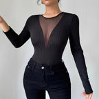 New Womens Sexy Front-chest Mesh-panel Hollow-out Long-sleeve Top