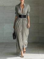 Chic Collared Button-Down Shirt Dress With Belt