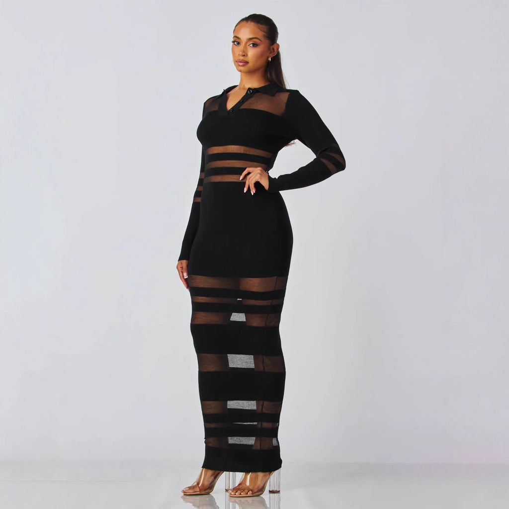Mesh-Panel Autumn Winter Slim-Fit Sheath Dress With Defined Waist For A Slimmer Look