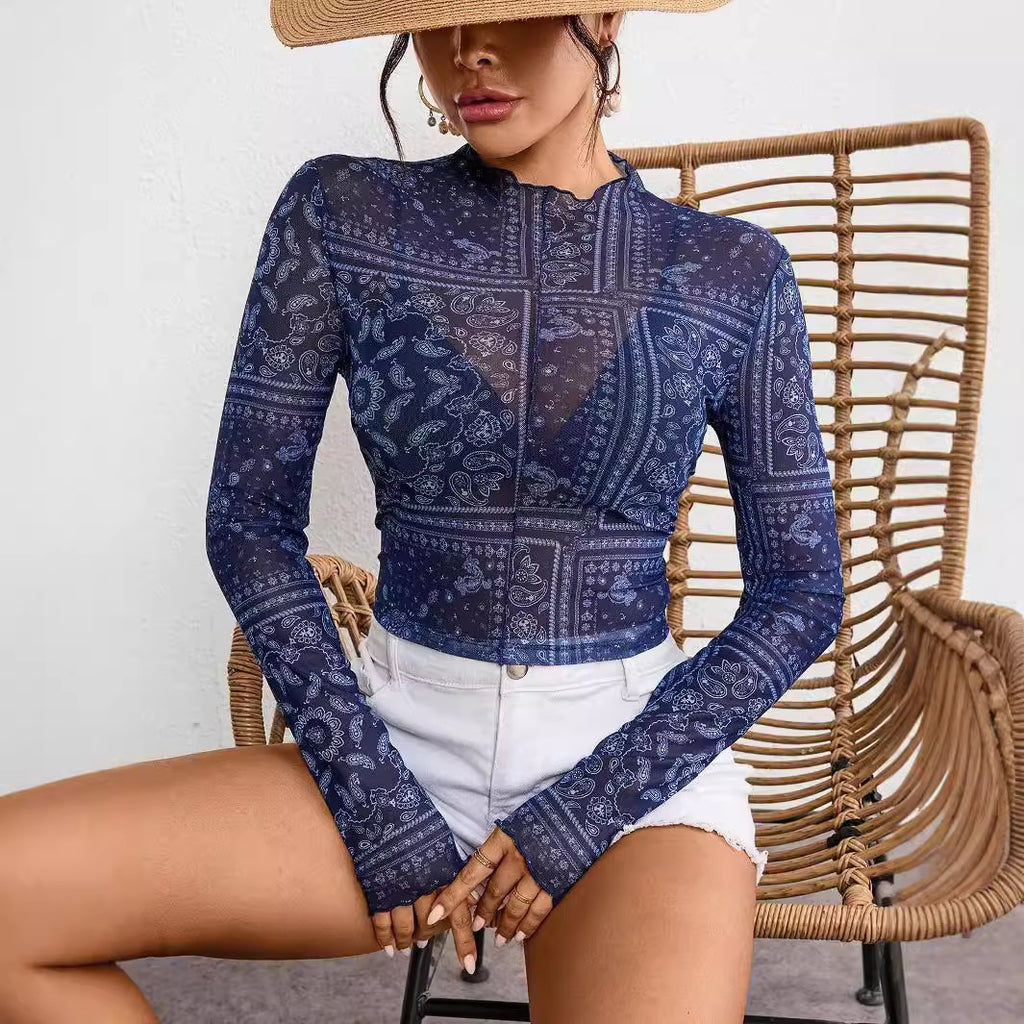 Women's Mesh Printed Long-Sleeve Top