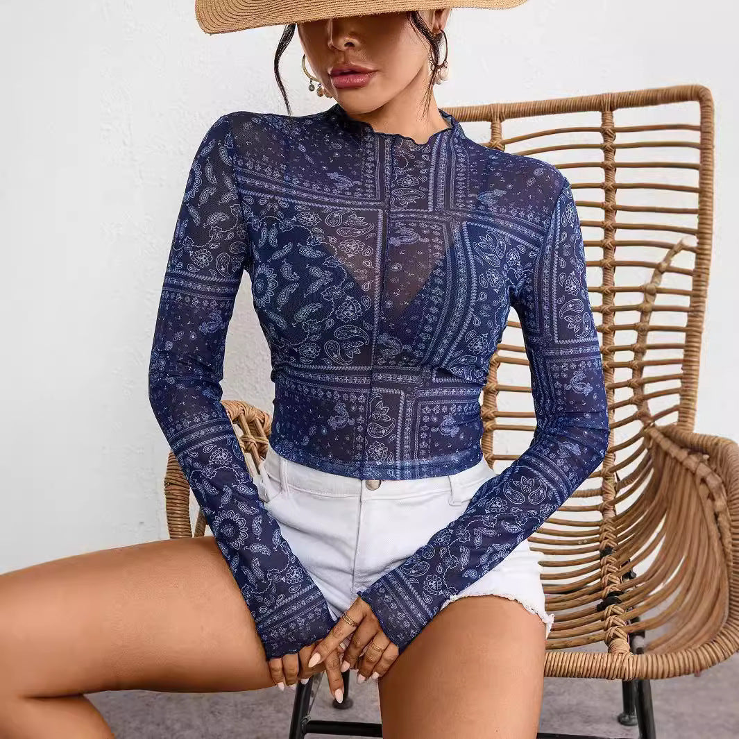 Women's Mesh Printed Long-Sleeve Top