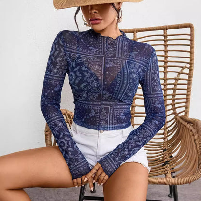 Women's Mesh Printed Long-Sleeve Top
