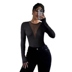 New Womens Sexy Front-chest Mesh-panel Hollow-out Long-sleeve Top