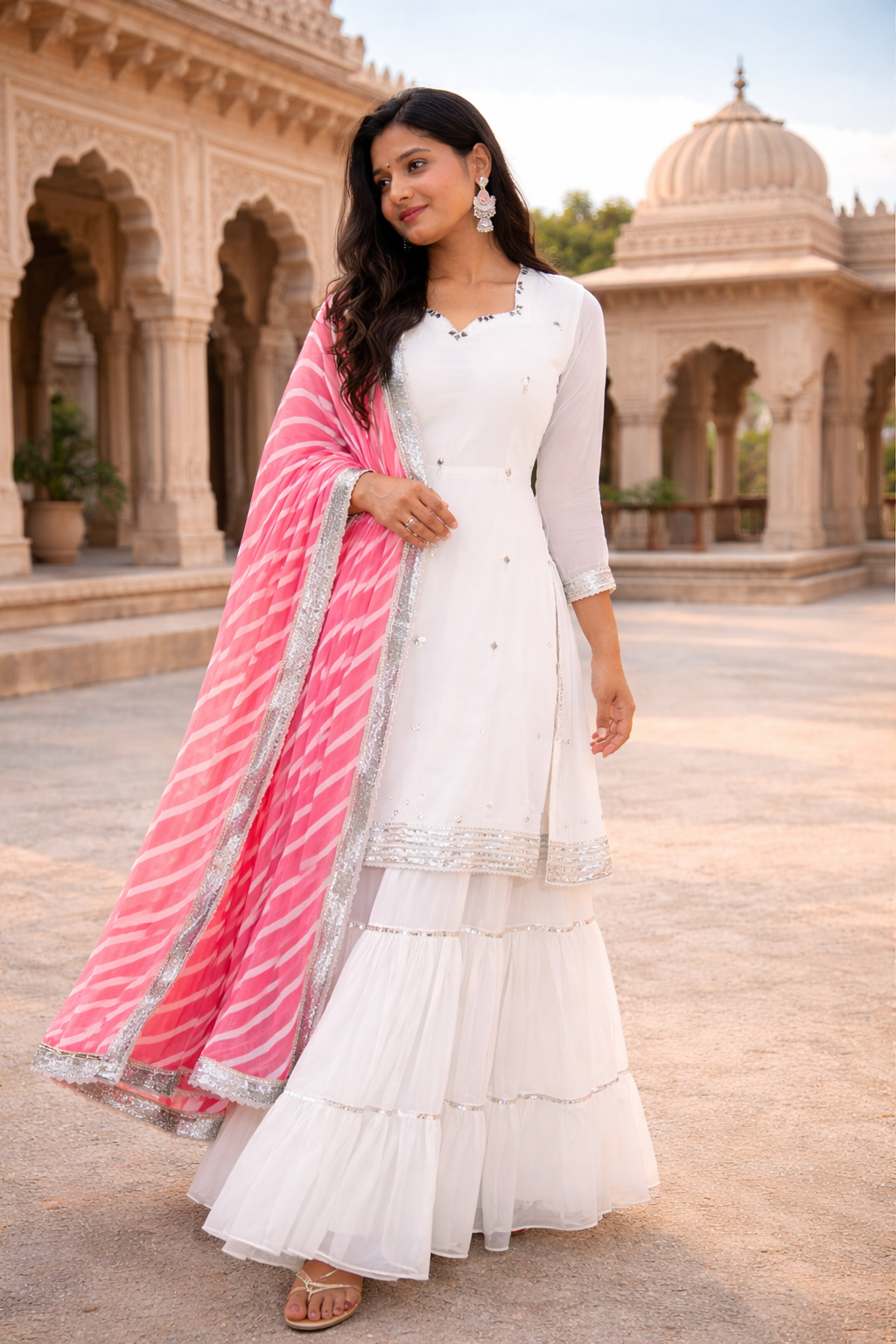 Noor White Georgette Sharara Set-0