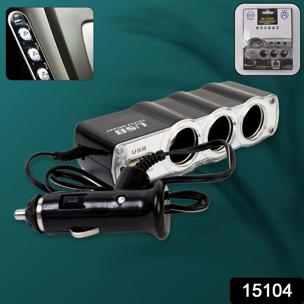 Triple 3 Way Car 12v Lighter Socket Splitter Usb Charger Power Adapter
