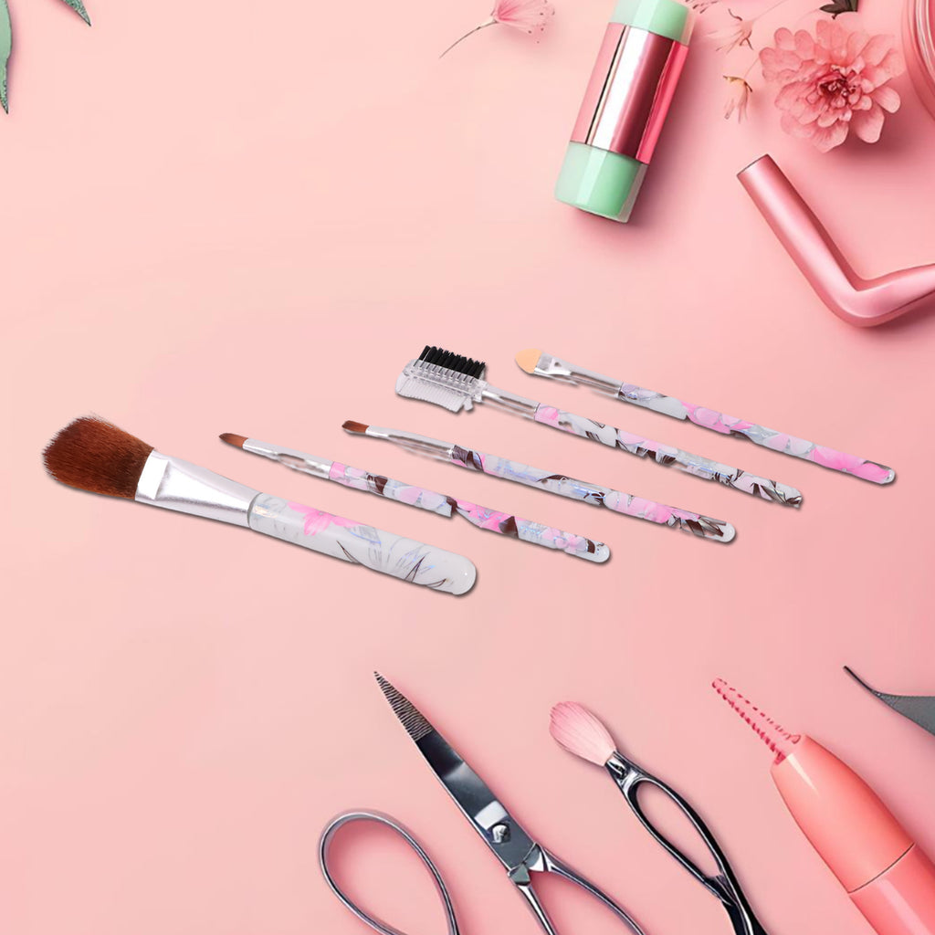 Floral Makeup Brush Set For Eyes Lips And Face (5 Pc)