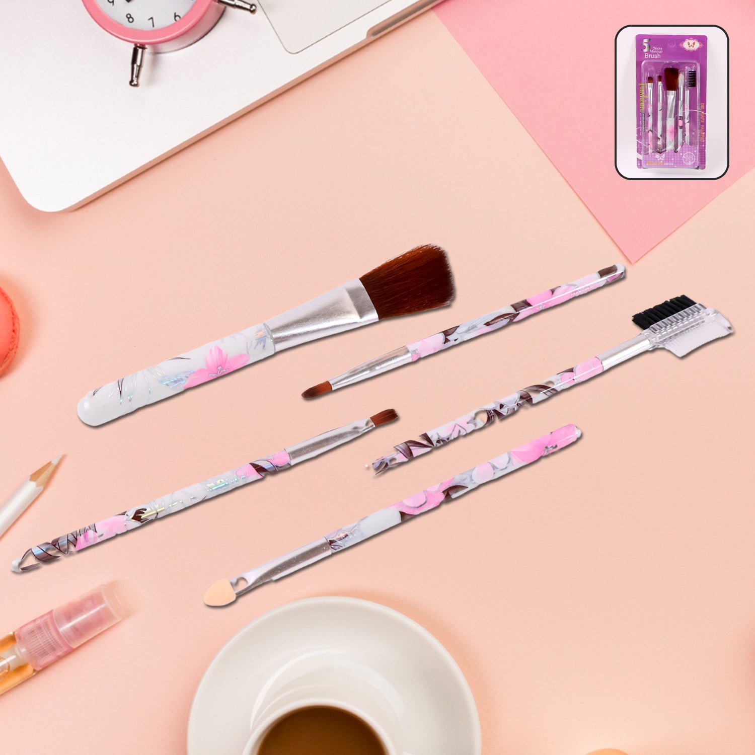Floral Makeup Brush Set For Eyes Lips And Face (5 Pc)